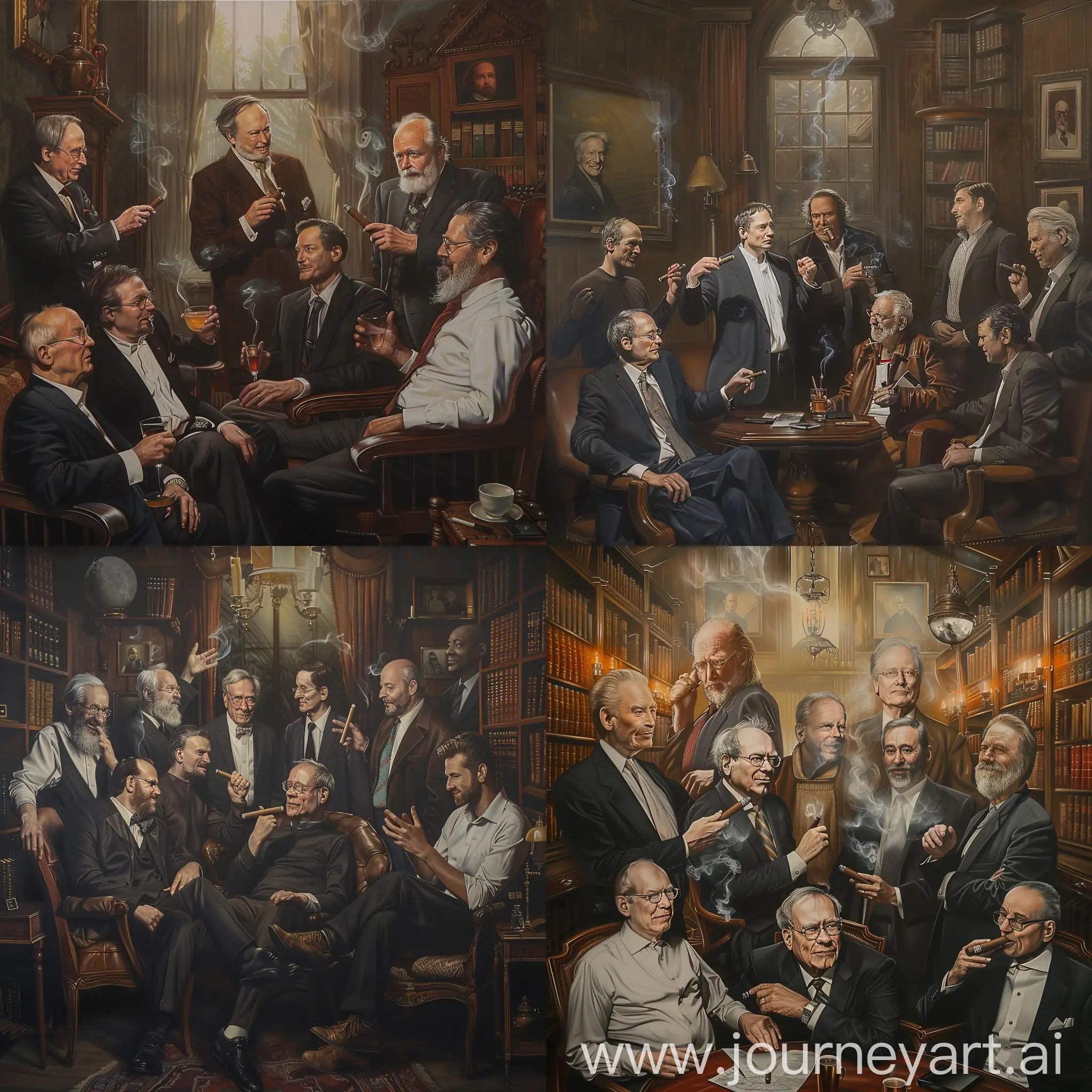 A highly realistic mural capturing elon musk, Steve Jobs, Warren Buffet John D Rockefeller, Sam Walton Andrew Carnegie, Grant Cardone, in an elegant, dimly lit study, each holding a cigar. They are depicted in mid-conversation, with the ambiance of the room reflecting a sense of history and future possibilities