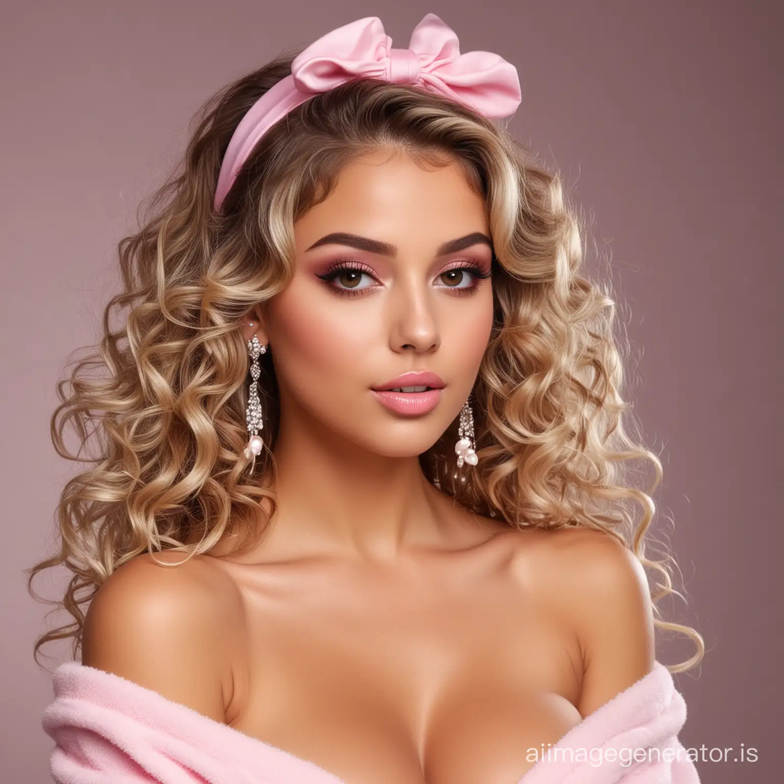 beautiful young lady with big dark brown eyes, small nose. Thick, painted lips with lots of lip gloss. Long blow dry curls in blonde. Spray tan brown skin. Pink makeup. Headband and long earrings. Slim body with big breasts, narrow waist and wide ass. Dressed very femininely with bare shoulders. She's smoking hot. Full body.