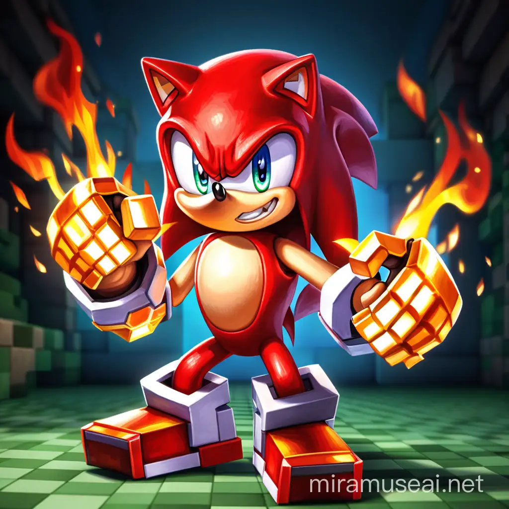 Knuckles from Sonic Punches with Flaming Fists in Minecraft