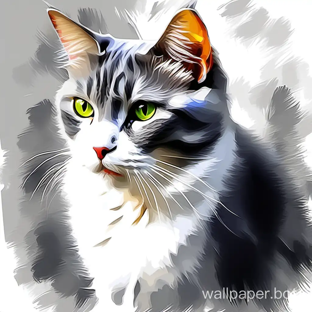 gray cat portrait, brush painting effect, painting strokes,  oil painting masterpiece, white background