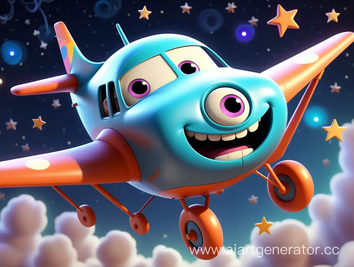 Персонаж детского мультфильма - волшебный самолетик с глазами и улыбкой с воздушной атмосферой в стиле Pixar со звездным, красочным, объемным освещением, 4k, фотореалистичный