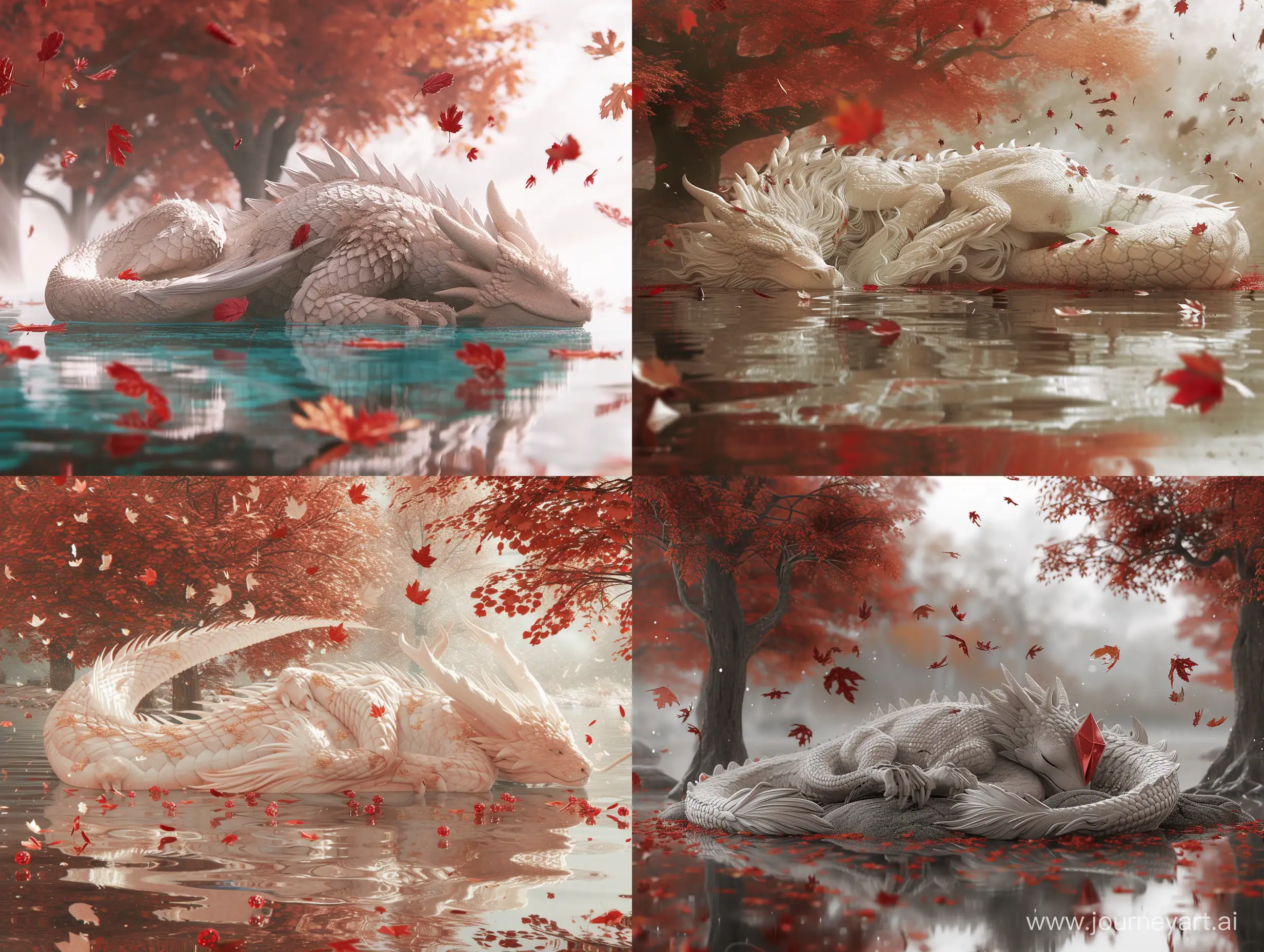 Dragon sleeping on sea, translucent glass, zbrush, ruby and gold style, anime aesthetics, furry art, Trees around the lake, English autumn, leaves falling on the lake surface, red and white, elaborate, c4d rendering, super high detail, 3d
