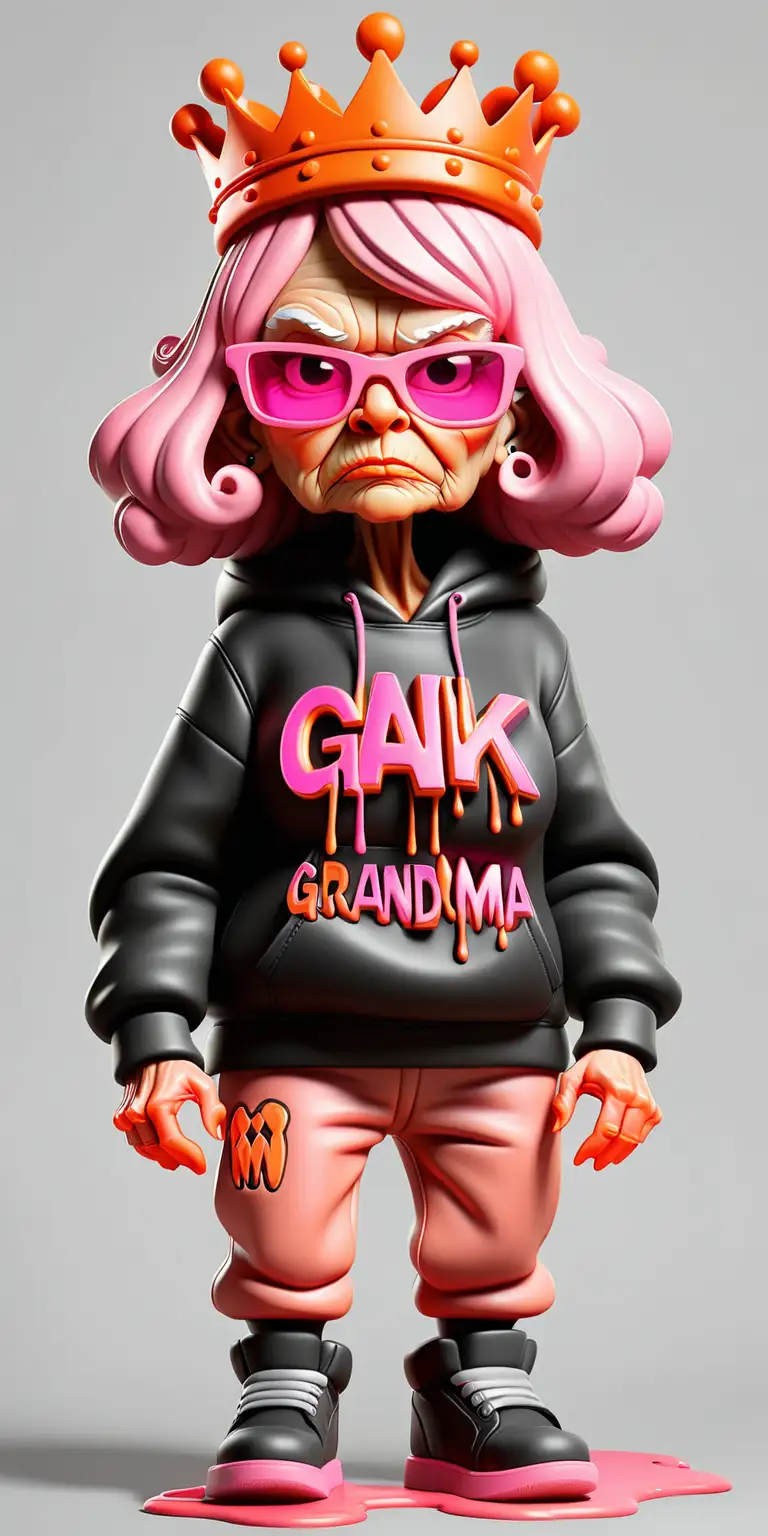 
Logo of a buisness, Pink ,3D letters with a crown with neon orange melting off  black leather hoodie on it grandma figure with a walker 



