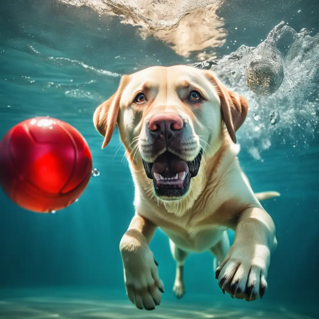 Happy dog day, Labrador retriever , swimming under water, chasing red ball, cinematic style