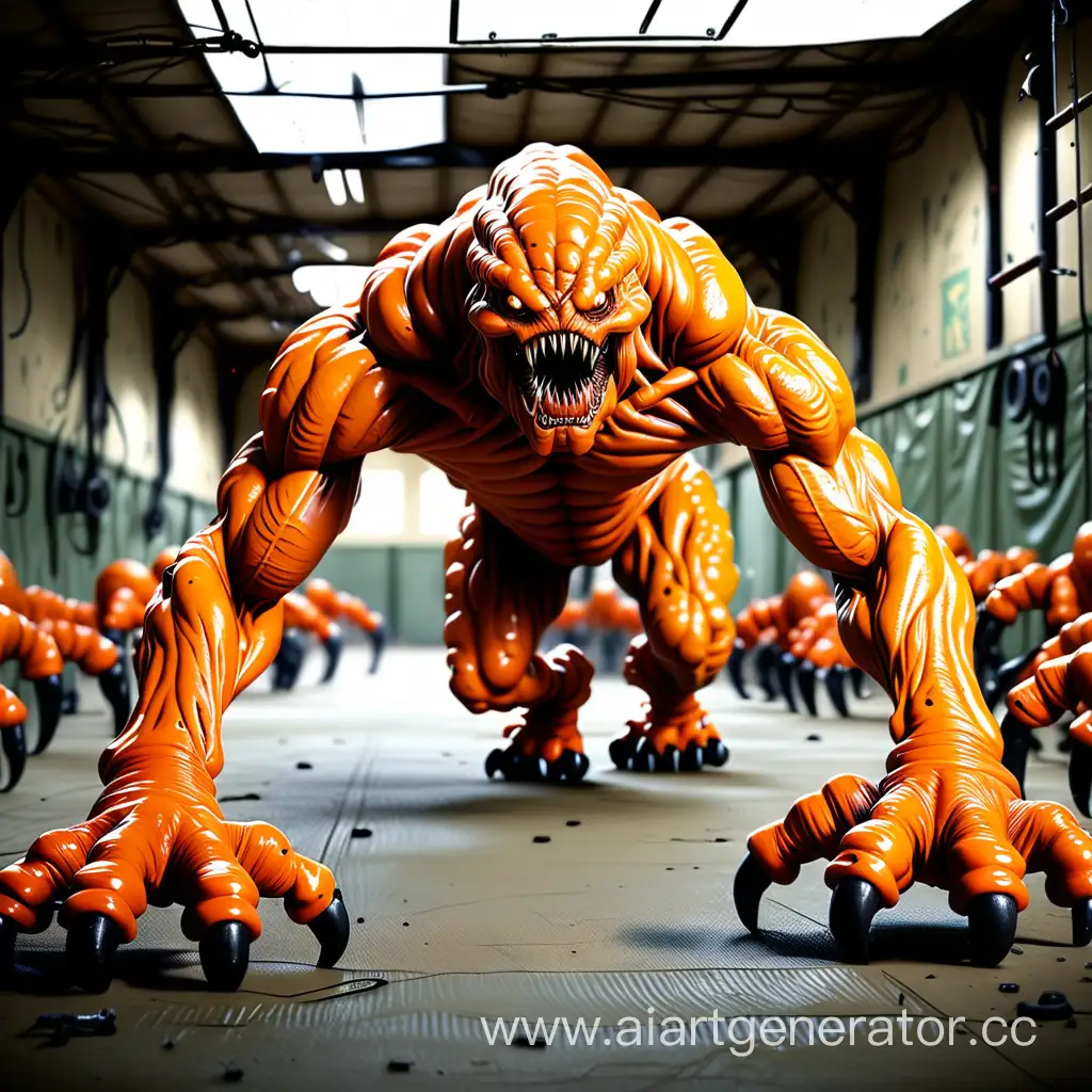 monster 10 meters, 6 meters wide, huge arms and legs, crawling, military base, scary orange monster with pus