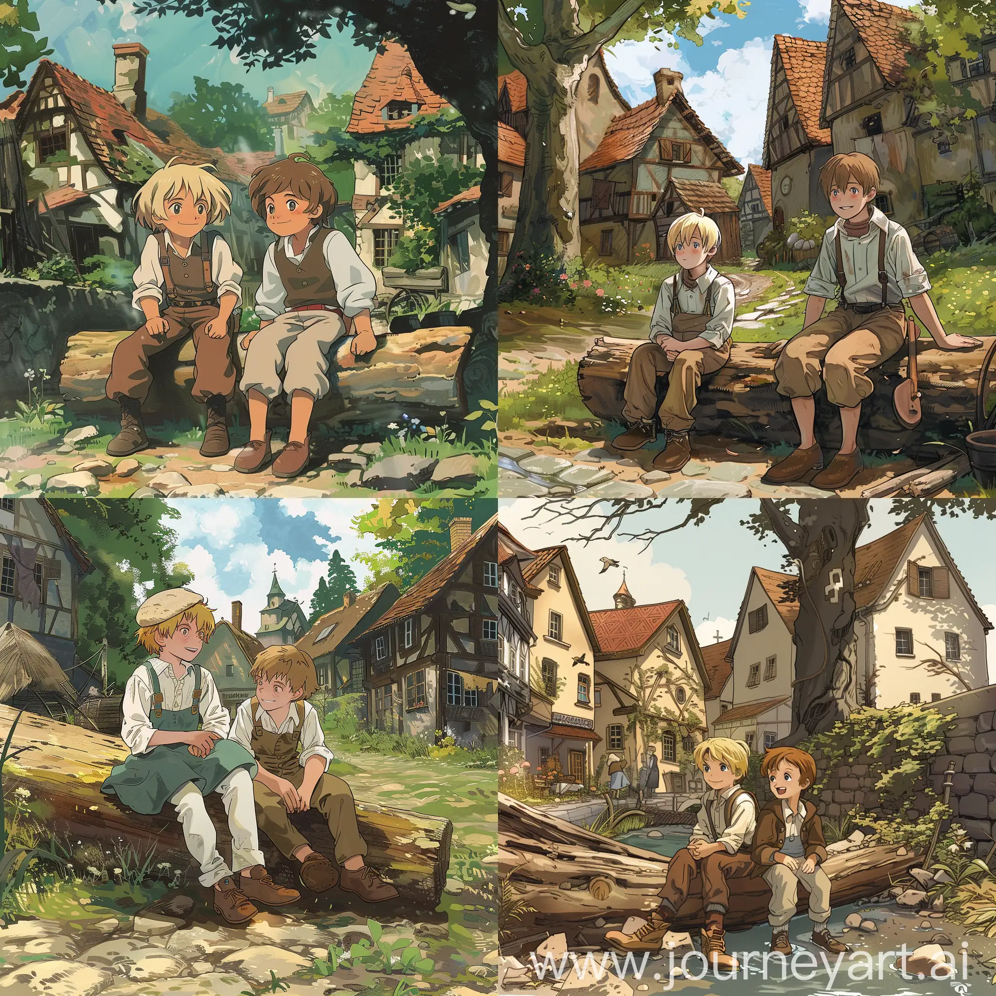 A blonde boy and a brow haired boy sitting on a log in a small german village, 1800s time, ghibli style, anime style