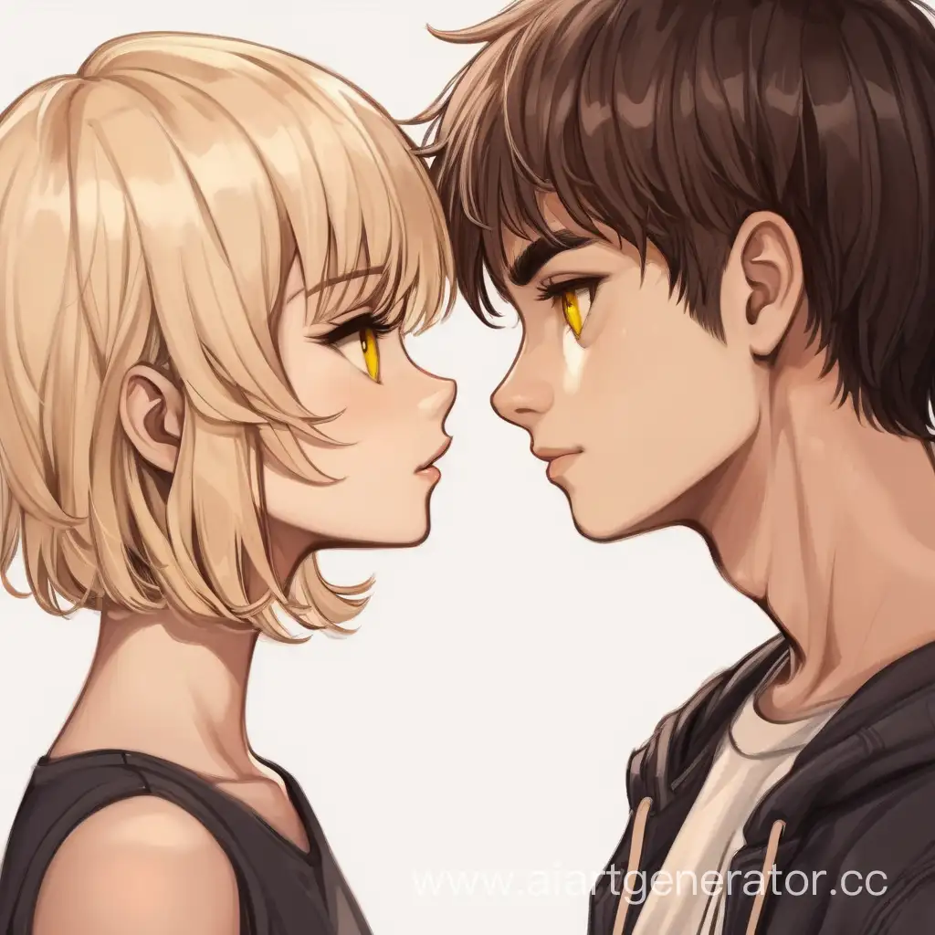 влюбленная пара девушка блондинка с короткими распущенными волосами с желтыми глазами и парень с темными волосами и карими глазами смотрят на друг друга