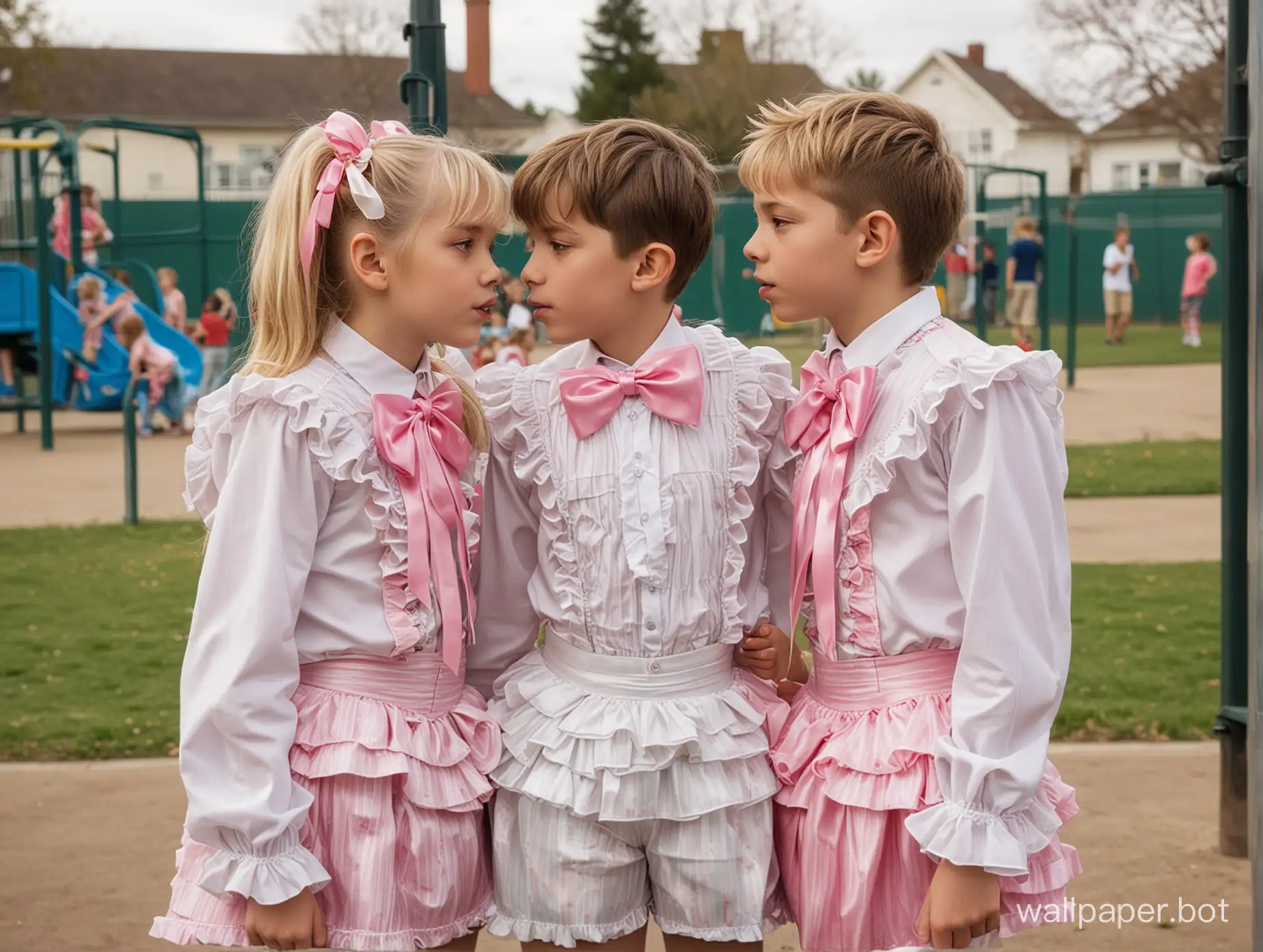Two 12-year-old boys, dressed up as a sissy girl, standing on the schoolyard. They are wearing frilly dresses, colorful leggings, and their hair is elegantly styled with ribbons and bows. The boys, who appear to be best friends, are inseparable despite their gender-bending antics. Their faces are painted with light makeup, enhancing their feminine features. The background shows several other students in the distance, some of whom are staring at the boys in amusement, while others seem indifferent. In the foreground, the two boys are locked in a passionate kiss, their lips pressing against each other as they share a secret moment on the playground. The image captures a playful and innocent side of their relationship, as they explore their identities and emotions without fear of judgment.