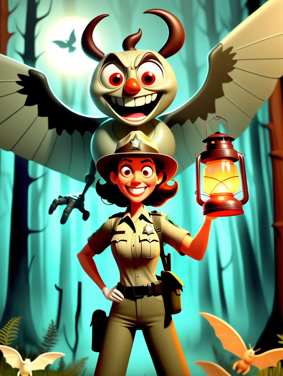 urban legend, smiling park ranger woman holding a lantern, cartoon, goofy, standing next to a giant silly cartoon mothman that has a human face and wings that looks human, silly facial expression, setting is the forest; ghost apparitions in the background; pixar style illustration



