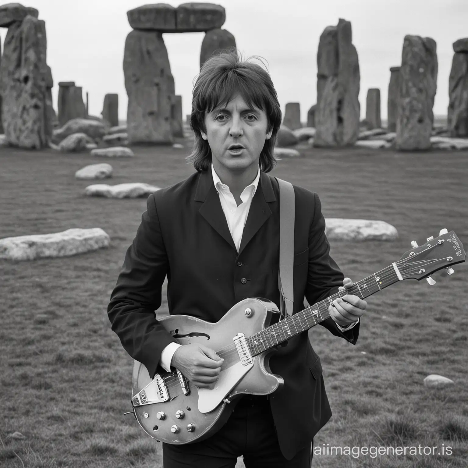 Paul McCartney playing guitar at Stonehenge