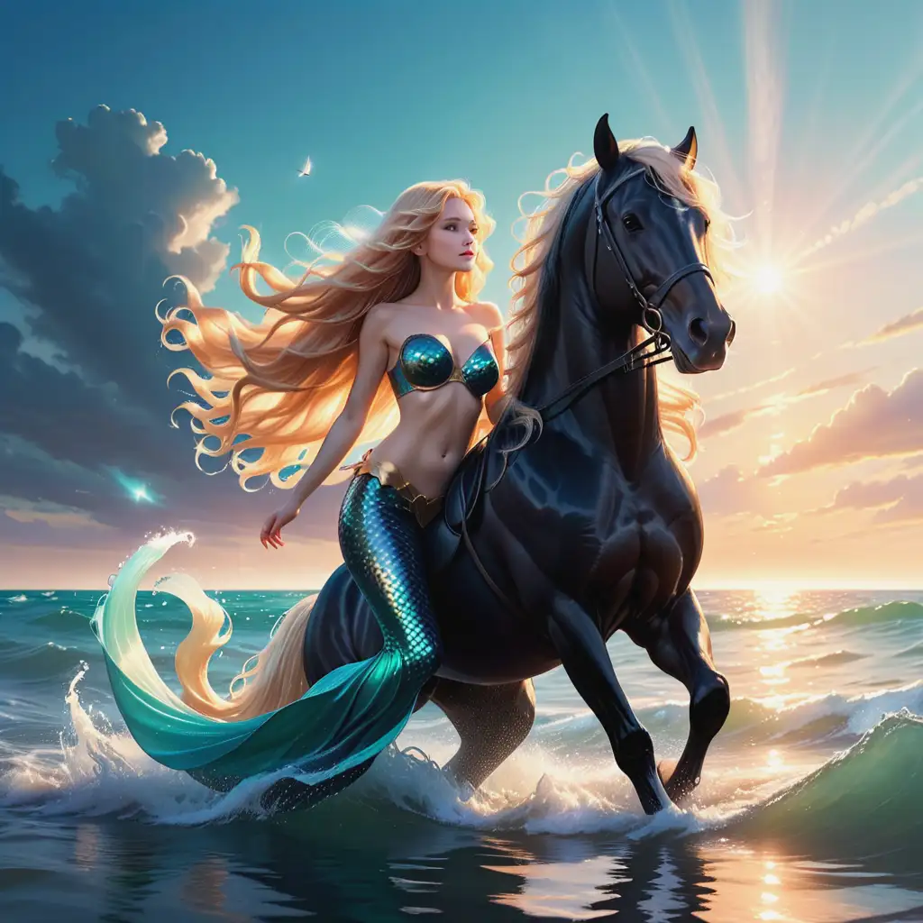 A futuristic mermaid with long blonde wavy hair rises out of the sea with her black horse, the wind sings a gentle song, the sun rays give magical light, cinematic style