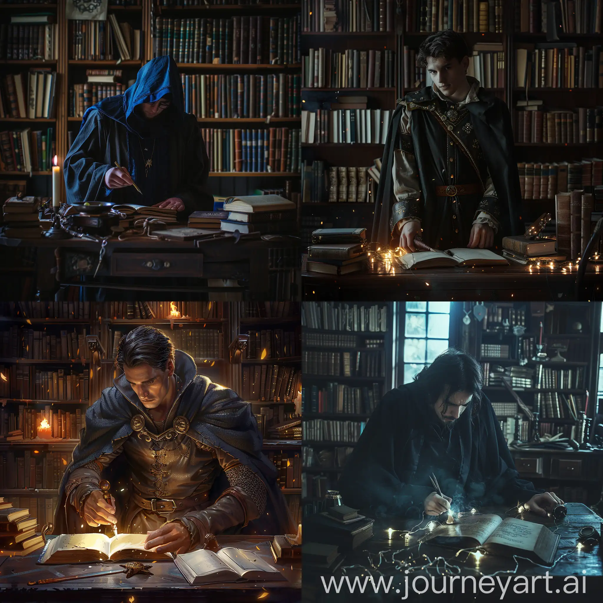 young adult medieval dark mage in his library with liitle ligtning studying on a desk