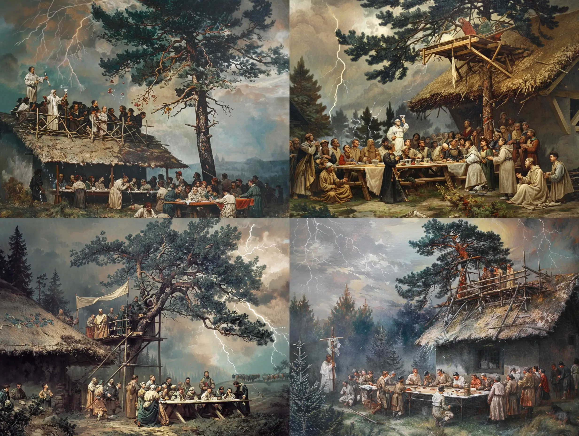Painting in style of The Slavs Epic of Alfons Mucha. At the assembly on 30 September 1419, a priest preaches, standing on a scaffolding hastily built over the thatched roof of the cottage. Pilgrims from Pilsen, whom he brought, are camped under it. We see them taking communion at a long table under the pine trees. They also begin to receive from the chalice, which later became a symbol of religious opposition. Some of the brothers water the horses, others wash clothes, prepare food and watch the procession coming from Prague. The whole landscape is plunged into an ominous gloom, with only a glimmer of light falling on the pilgrims, symbolically heralding the dawn of a new era.

This painting is not lacking in symbolism: the dry tree with the white banner is a sign of war and death, the green pine and the red banner signify life. A dark sky cut by lightning, these are the changes that have just taken place: Wenceslas IV has recently died, the first Prague defenestration has taken place and Jan Žižka is forming the first military units. The whole painting is conceived as a call to arms, a call to fight for the truth for which the master Jan Hus gave his life.