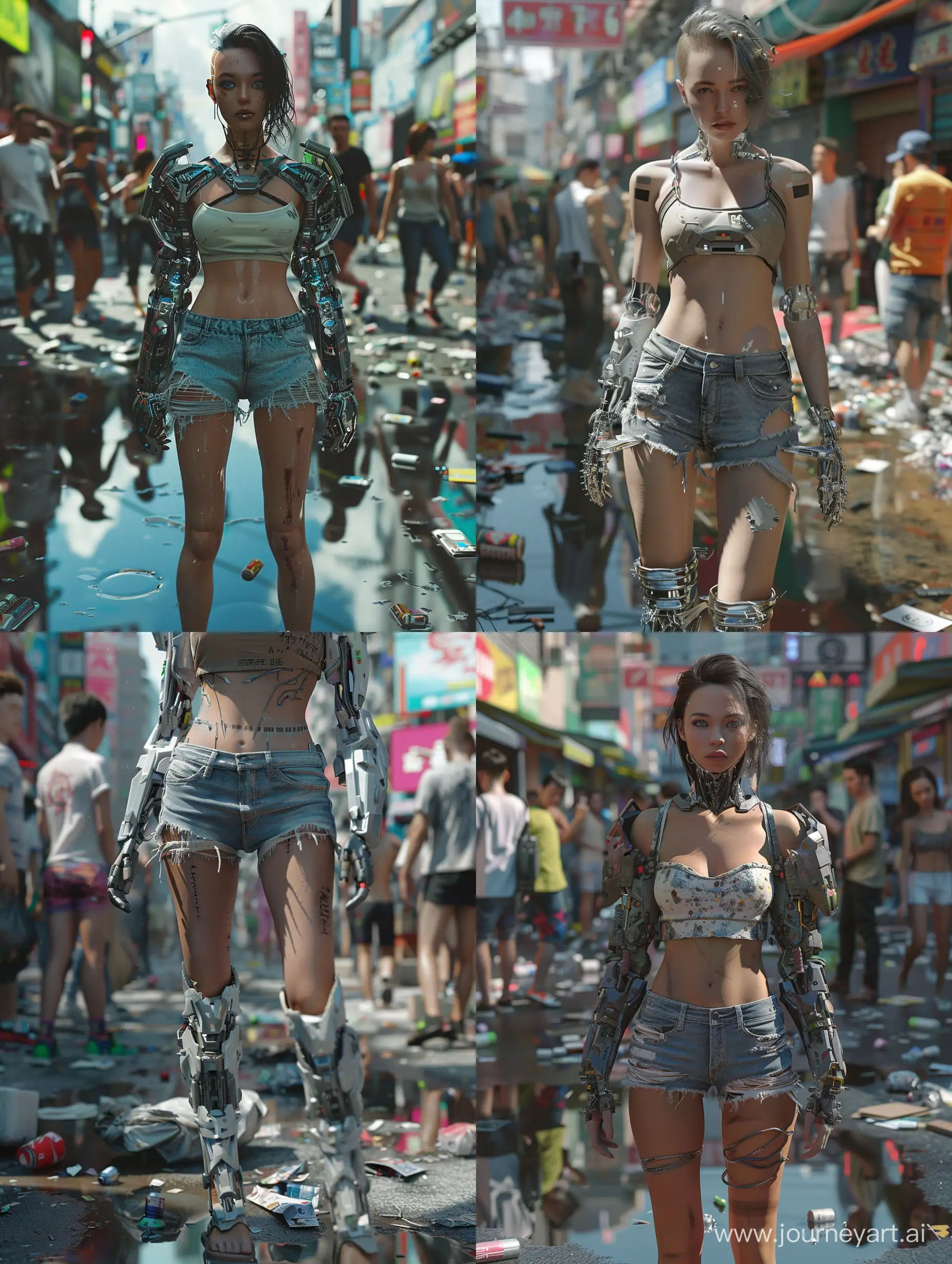 Cyberpunk-Female-in-HighTech-Cityscape-Amidst-Disarrayed-Crowds