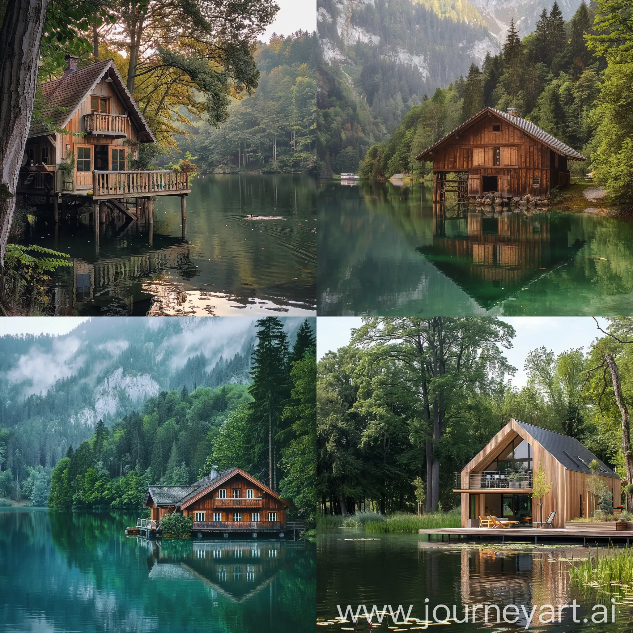 wooden house lake nature 
