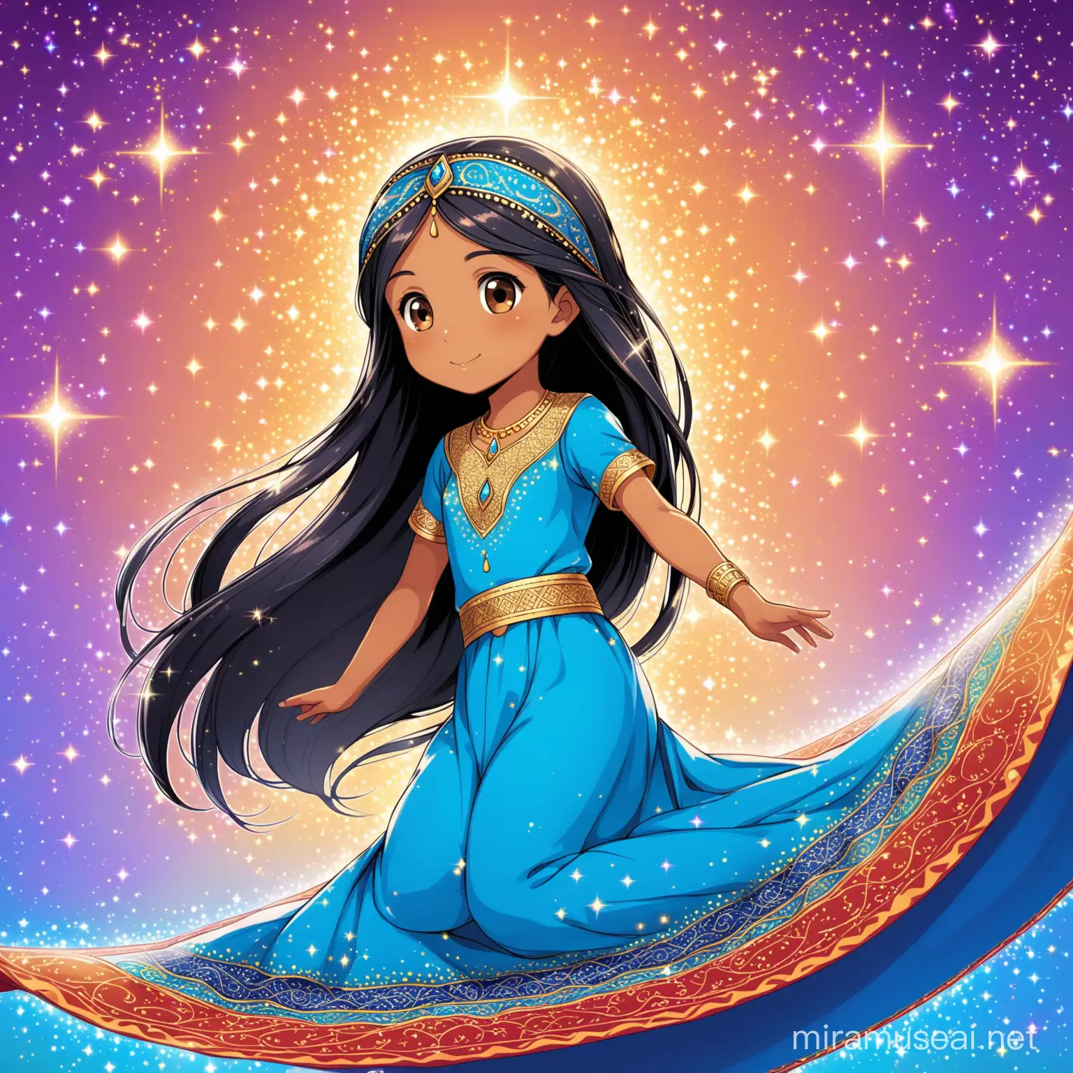 a 9 year old tan girl with long black straight hair with sparkles in her hair wearing a blue arabian dress with a blue arabian headband flying on a magic carpet