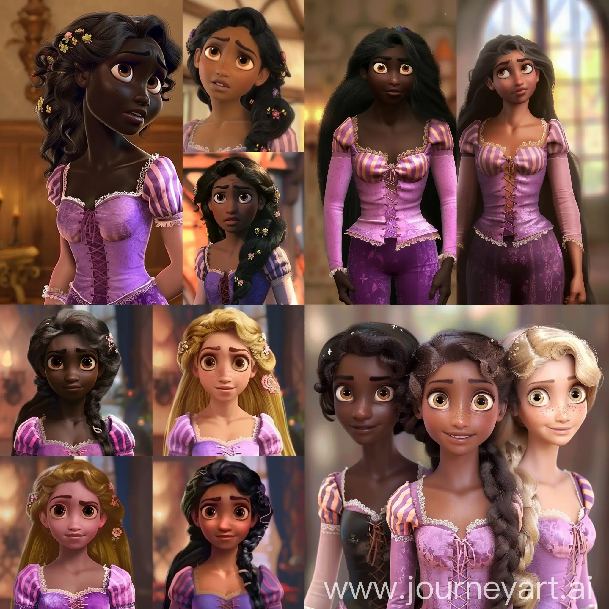 show rapunzel with black skin color, fat and bad hair
with medium hair
