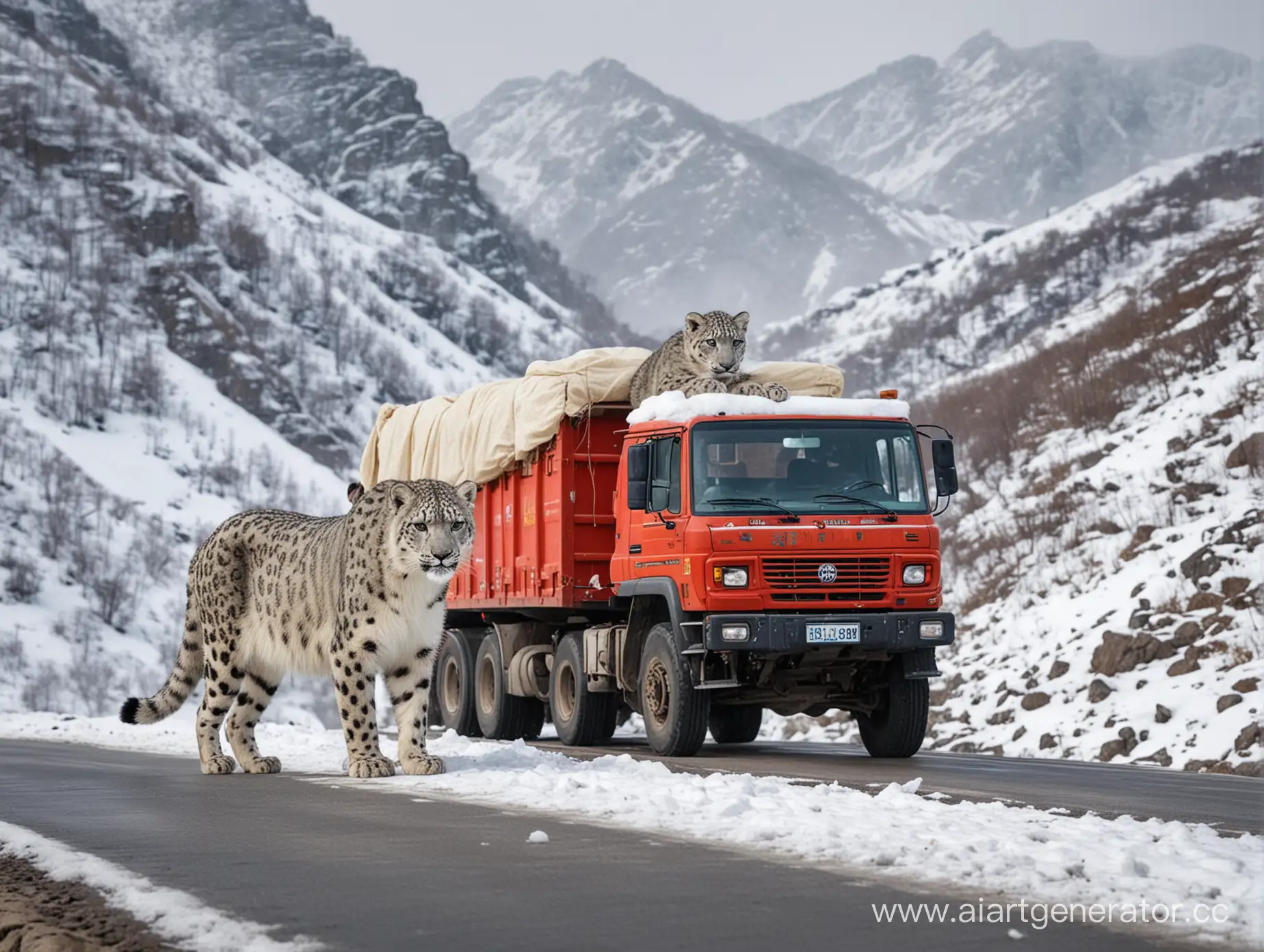 Snow-Leopard-on-Siberian-Summit-with-Shaanxi-Truck-Descending