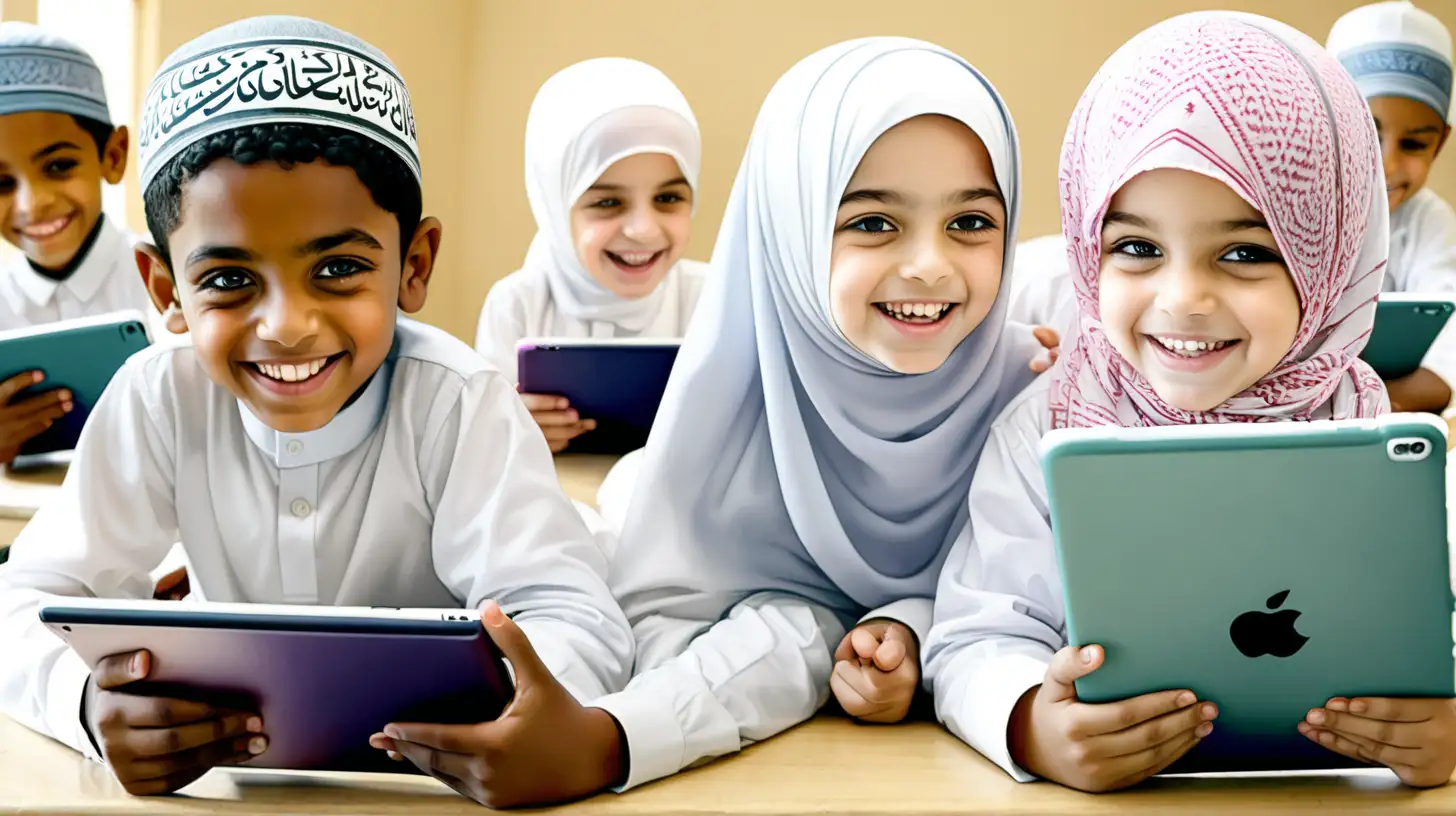 Islamic school 
happy boy and girl at class with ipads 