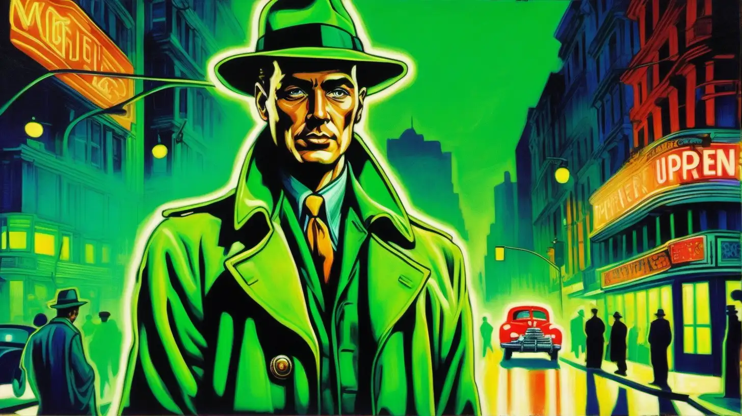 Painting of a portrait of the upper body and face of a man wearing a green trenchcoat and green fedora, standing on a street corner with traffic behind him, neon, circa 1945. Bright neon colors, Art Nouveau style.