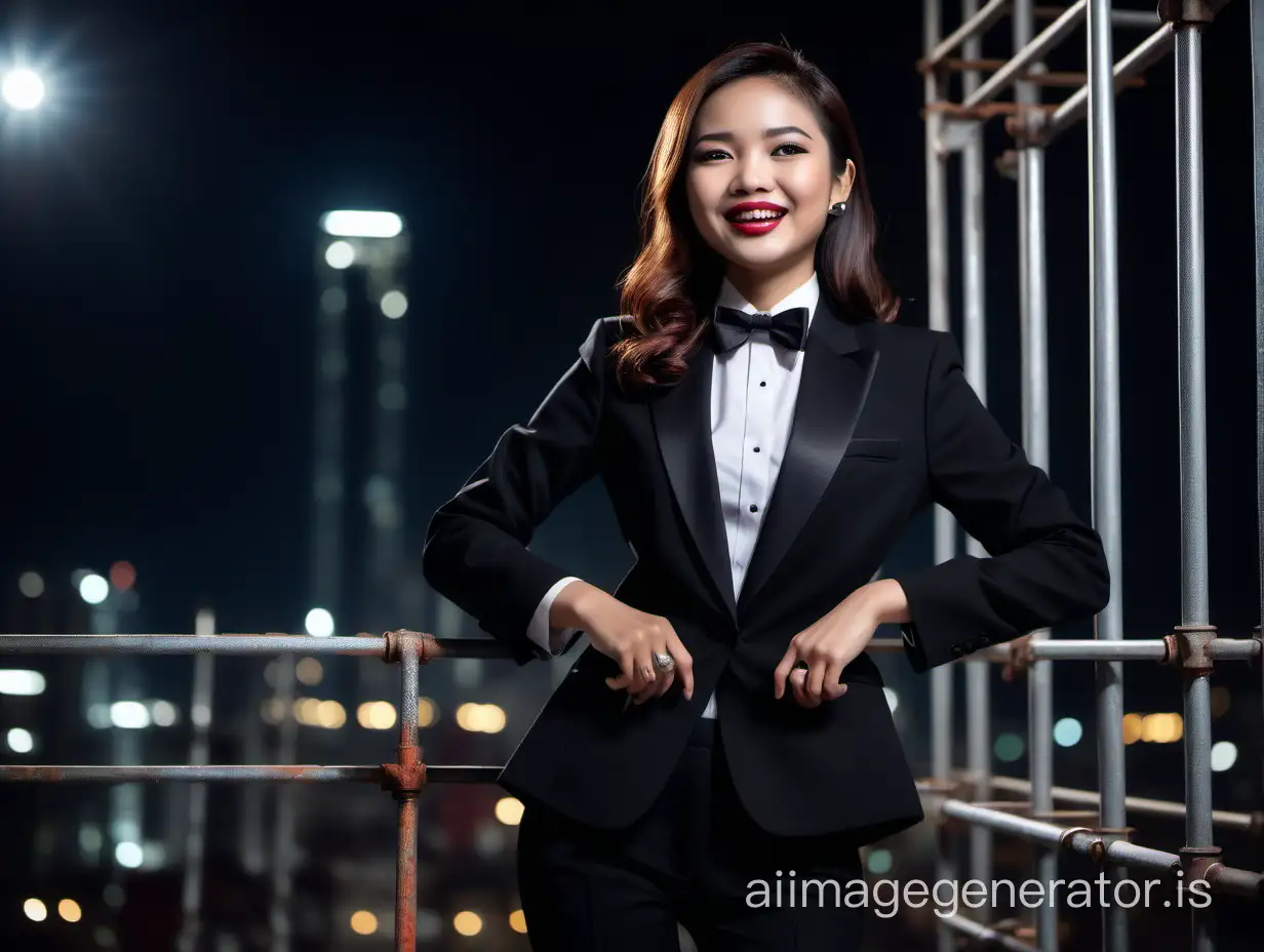 A stunning and cute and sophisticated and confident Malaysian woman with shoulder length hair and lipstick wearing a black tuxedo with a black jacket. Her shirt is white with black cufflinks and a (black bow tie) and (black pants). She is standing on a scaffold facing forward, smiling and laughing. She is relaxed. It is night.