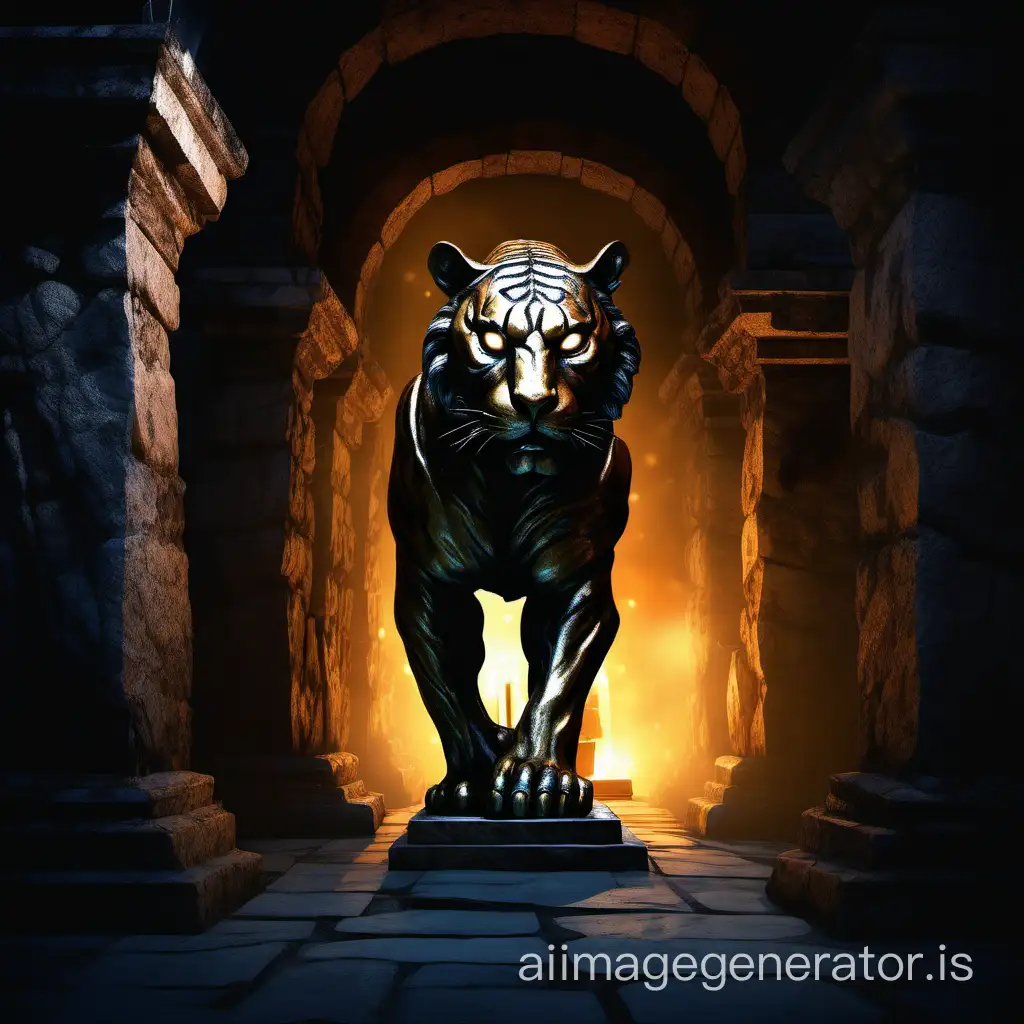 a mysterious bronze tiger statue, frightening, in a dark corridor of old stones, illuminated by torchlight, digital painting