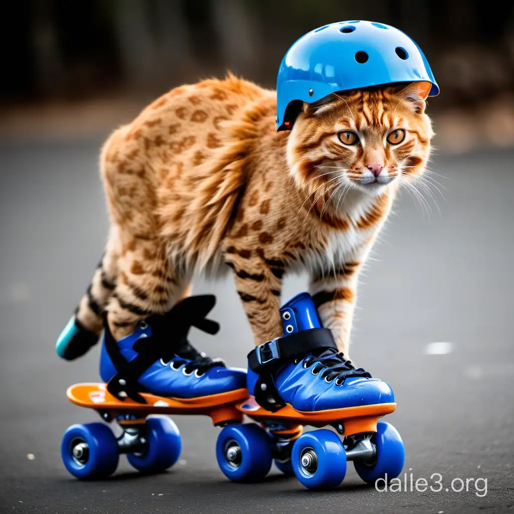 An Orange wild cat with a blue helmet, black elbow pads, black knee pad and blue roller skates