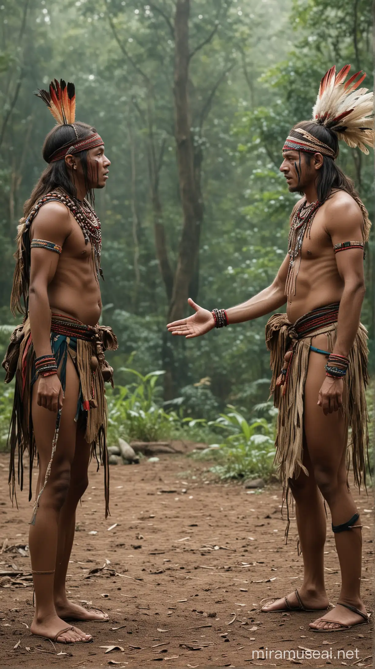 A scene where two tribe members come together and converse.

