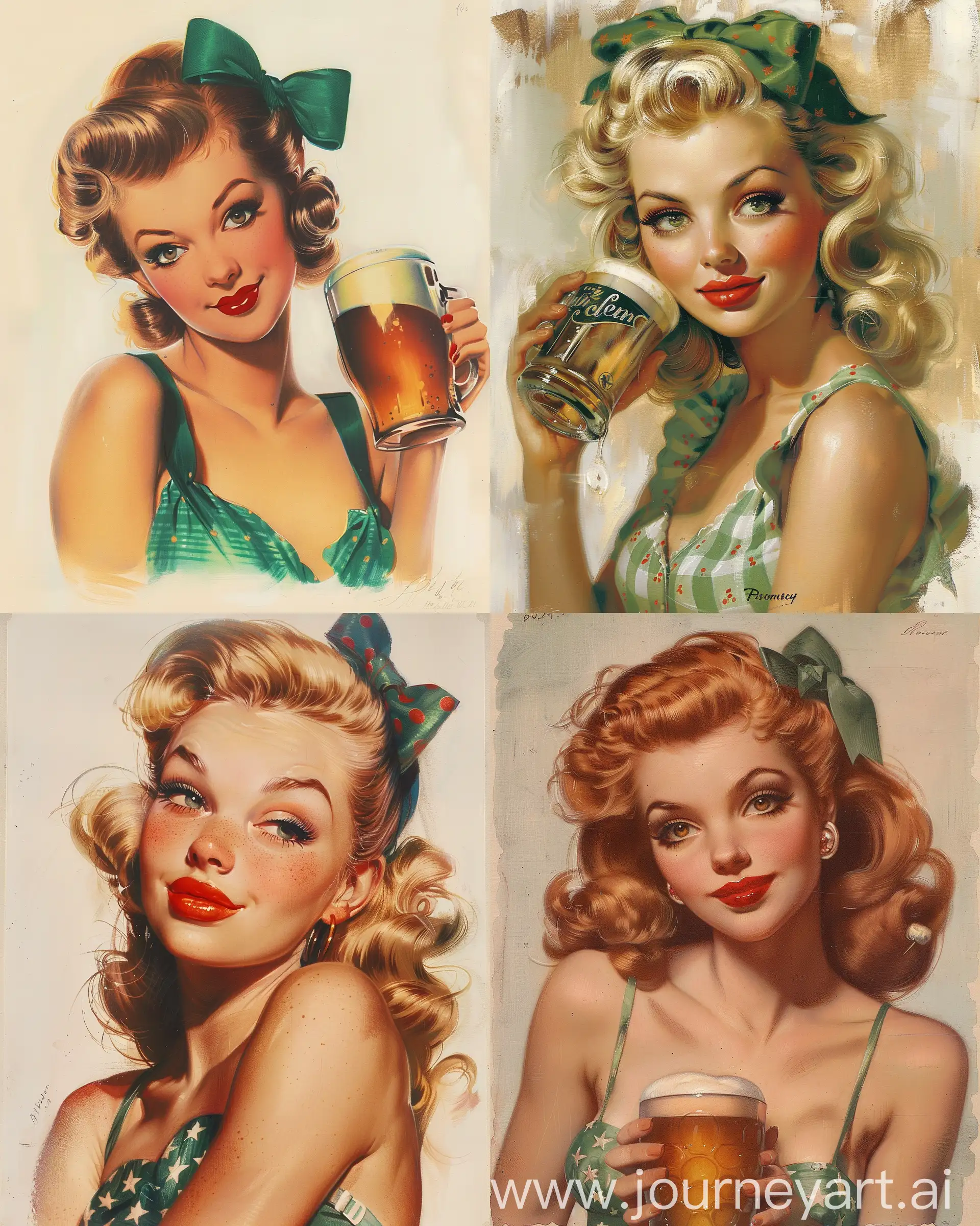 vintage pin-up girl holding beer mug, mid-20th century American style, fair skin, red lips, blonde victory roll curls, green bow, St. Patrick's Day outfit, sweetheart neckline, knot detail, frothy beer mug, transparent sides, plain white background:: classic illustration, high resolution, vintage theme, 1950s fashion, traditional tattoo art, Norman Rockwell, Gil Elvgren, retro pin-up, detailed, close-up, portrait:: soft lighting, warm tones, vintage camera filters, shallow depth of field, medium format lens, bokeh, vintage grain, 1950s color palette:: --ar 4:5