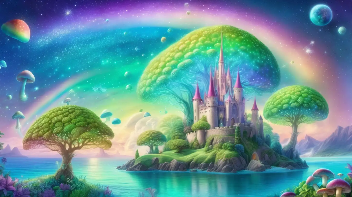 fairytale-magical grape trees -glowing-bright rainbow-pastel green-sky blue forming a castle that shows outer space astroids and rainbow-mushroom garden and a bright ocean