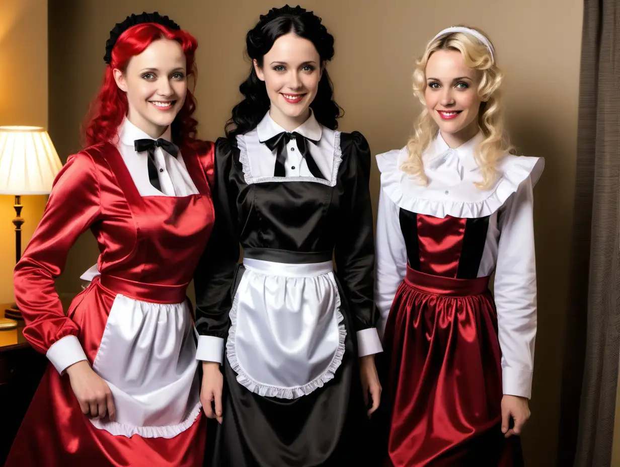 girls in long crystal silk satin red black,lila retro victorian maid gown with white apron and peter pan colar and long sleeves costume and milf mothers long blonde and red hair,black hair rachel macadams  smile in hotel