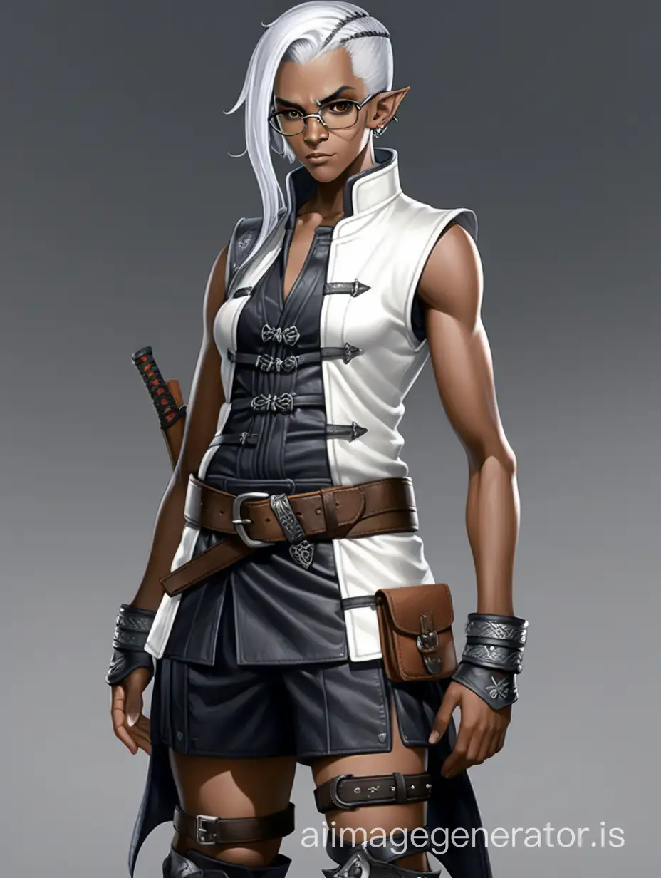 Fantasy RPG Character, Full-body character portrait, dark elf, pointed ears, dark skin, legs, messy white hair, short hair braids in front, medium size chest, intricate clothes, thick leather belt with lots of pouches, round glasses, dark gray pleated short skirt, knee high boots, sleeveless dark leather vest-coat with long tails, dark leather bracers, white color kung fu style shirt with mandarin collar, anime