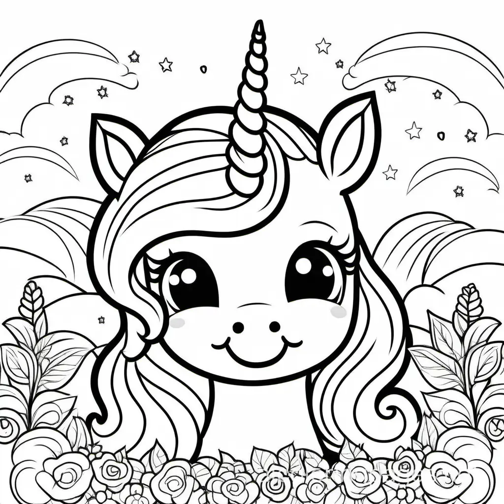 cute and happy smiling unicorn, Coloring Page, black and white, line art, white background, Simplicity, Ample White Space. The background of the coloring page is plain white to make it easy for young children to color within the lines. The outlines of all the subjects are easy to distinguish, making it simple for kids to color without too much difficulty