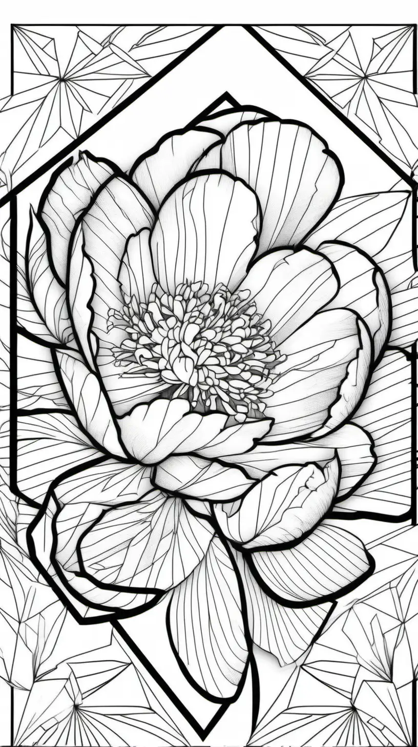 peony flowers, geometric, adult coloring page, black and white, clean lines