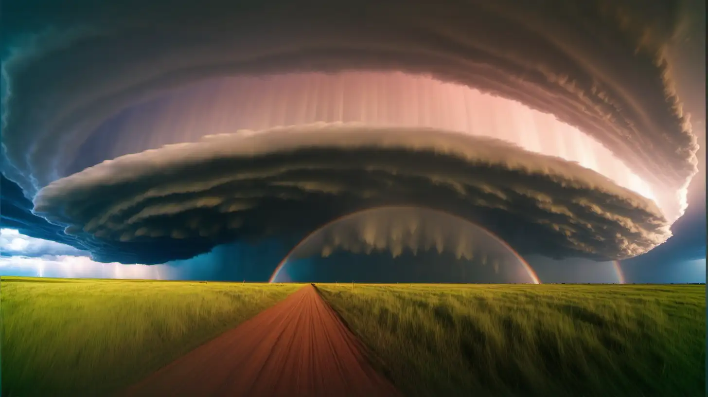 8k image generation 
Moving picture of huge grassy area coming supercell rainbow storm chaser takes pictures