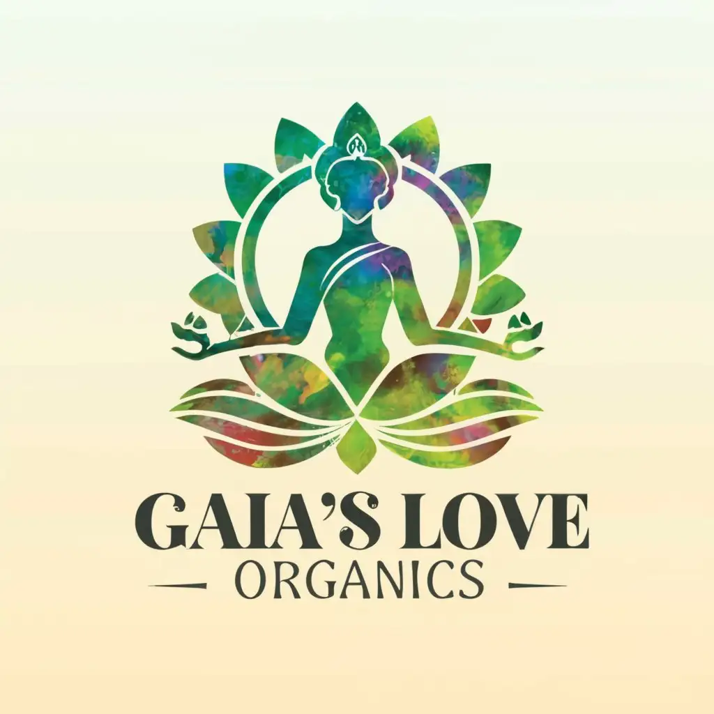 a logo design, with the text 'Gaia’s love organics', main symbol: Mother gaia meditating with lotus flower legs, holding an emerald green heart, Moderate, chakra color background