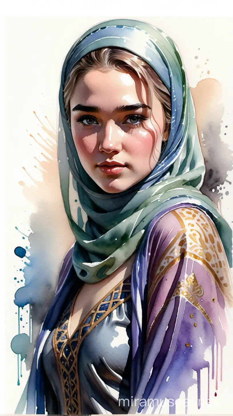 Alex Maleev pure watercolor illustration depicting evilly smirking Florence Pugh wearing ornamental royal hijab and transparent plastic Arabian princess dress, messy pure watercolor, no distortion, gray palette, insanely high detail, very high quality, SEEN FROM above
