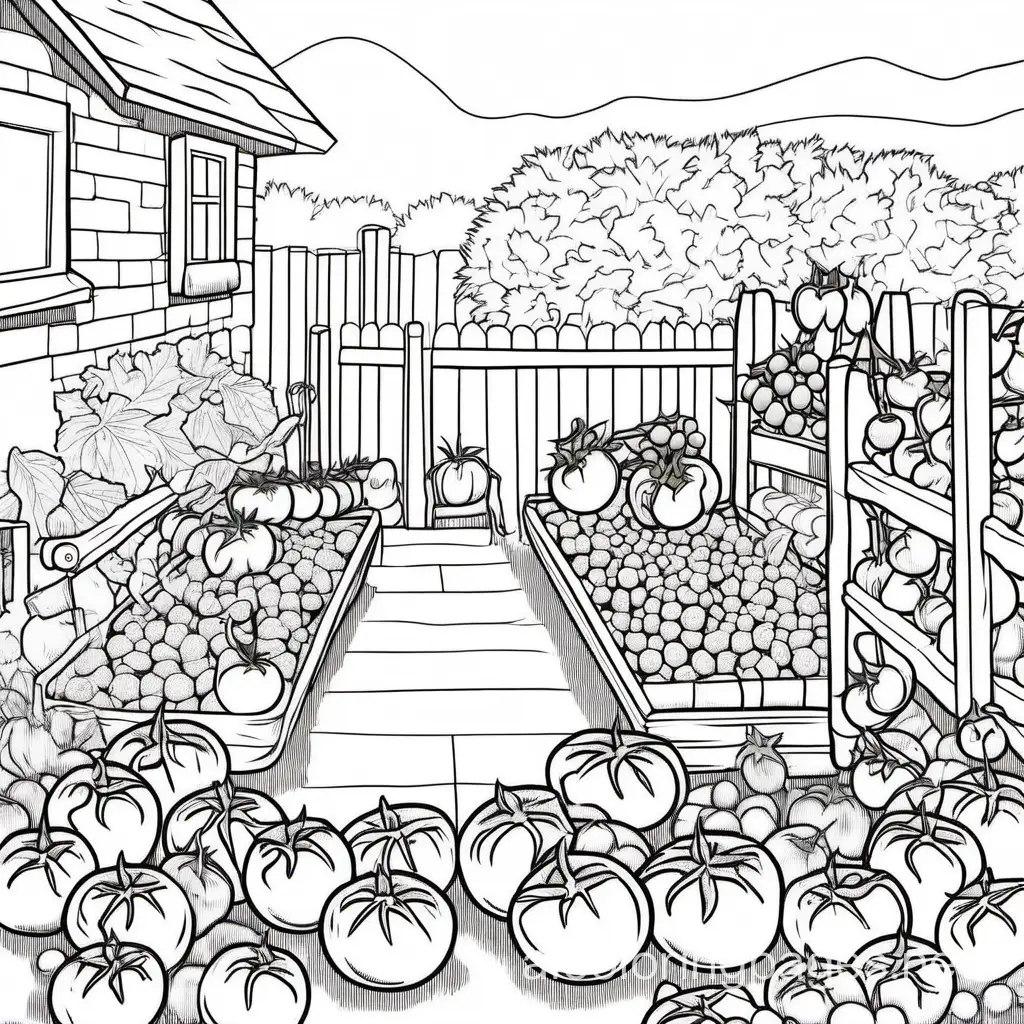 2 dimension, coloring page, low detail, thick lines, no shading. A backyard garden full of ripe tomatoes, strawberries, cucumbers, and children picking them., Coloring Page, black and white, line art, white background, Simplicity, Ample White Space. The background of the coloring page is plain white to make it easy for young children to color within the lines. The outlines of all the subjects are easy to distinguish, making it simple for kids to color without too much difficulty