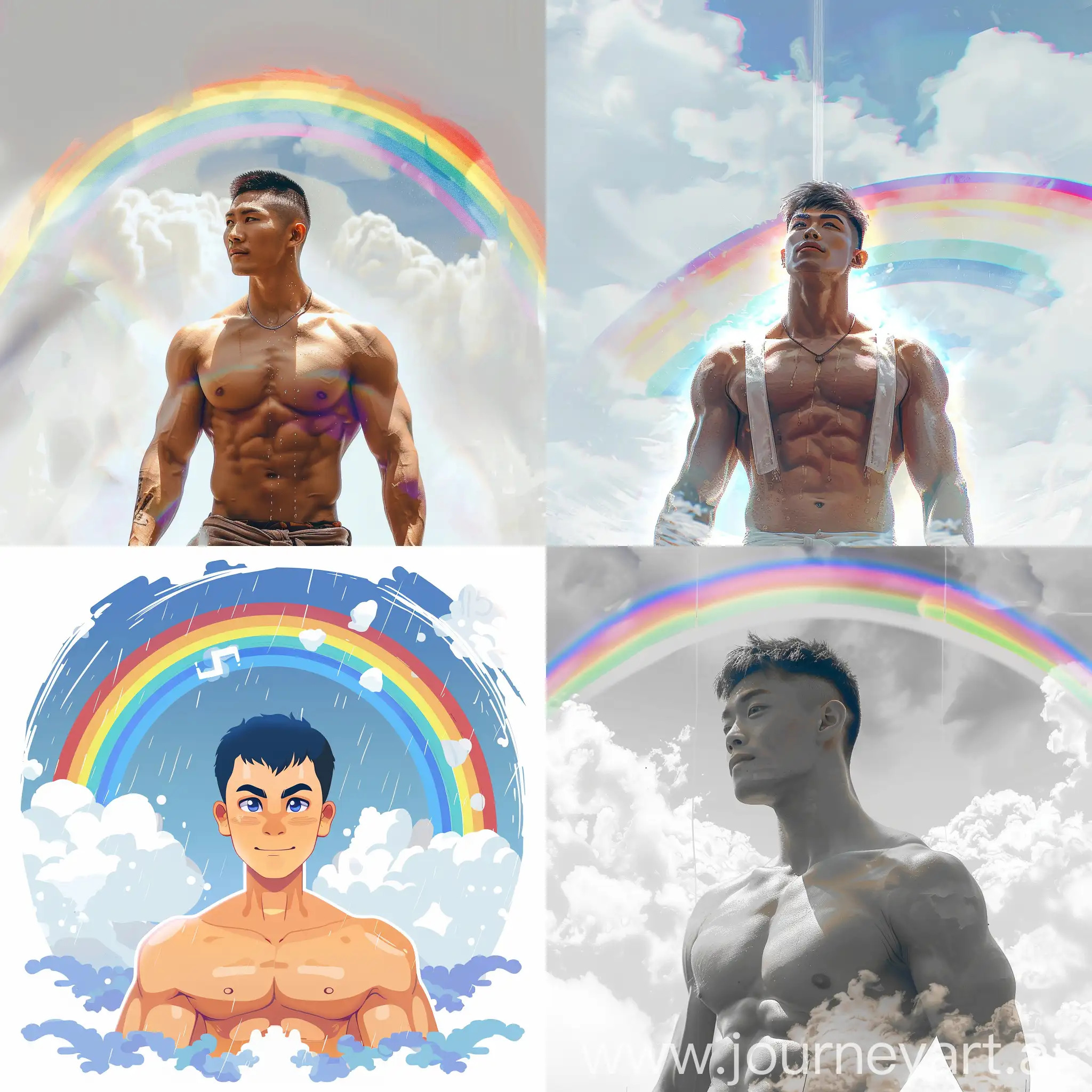 Background: big rainbow and white skies. Front: asian guy with short hair and big muscles. Style: avatar and greek.