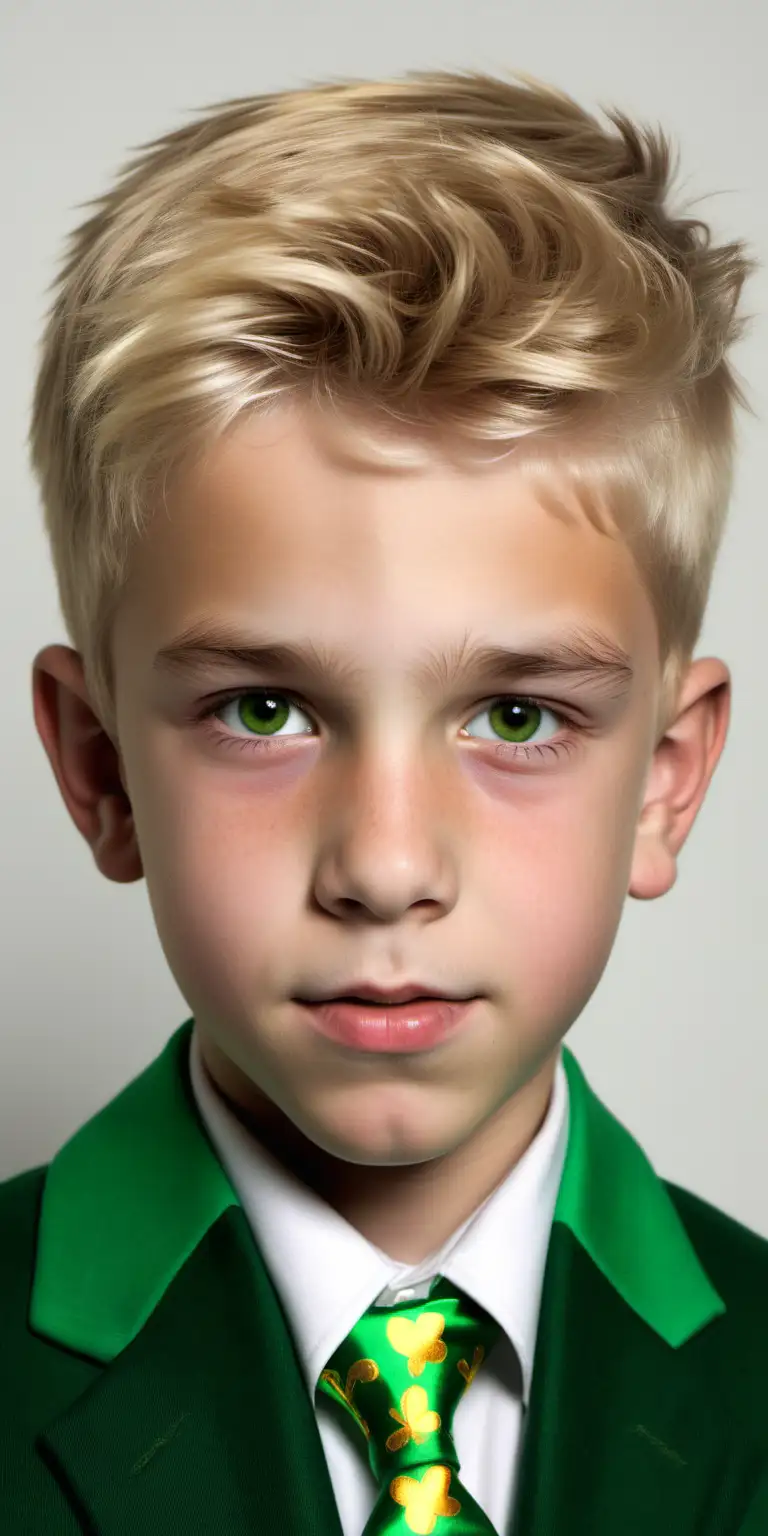 realist image of a 13 year old boy beautiful attractive face, blonde, brown eyes, celebrating st patricks day