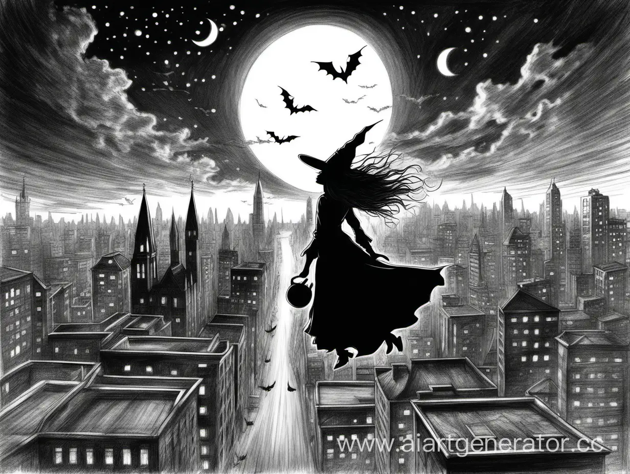 силуэт молодой ведьмы пролетает над ночным городом. рисунок. черно белый. карандаш