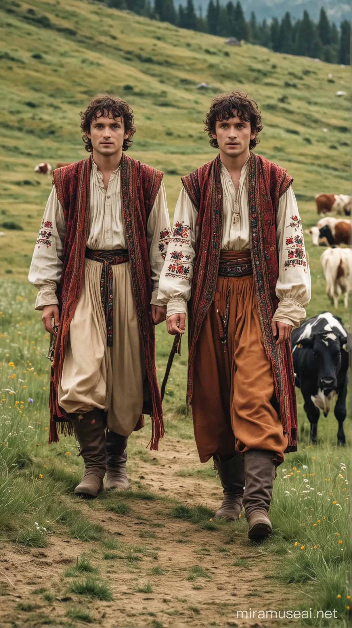 Frodo and Sam Herding Cows in Romanian Traditional Attire Amidst Mountain Landscape