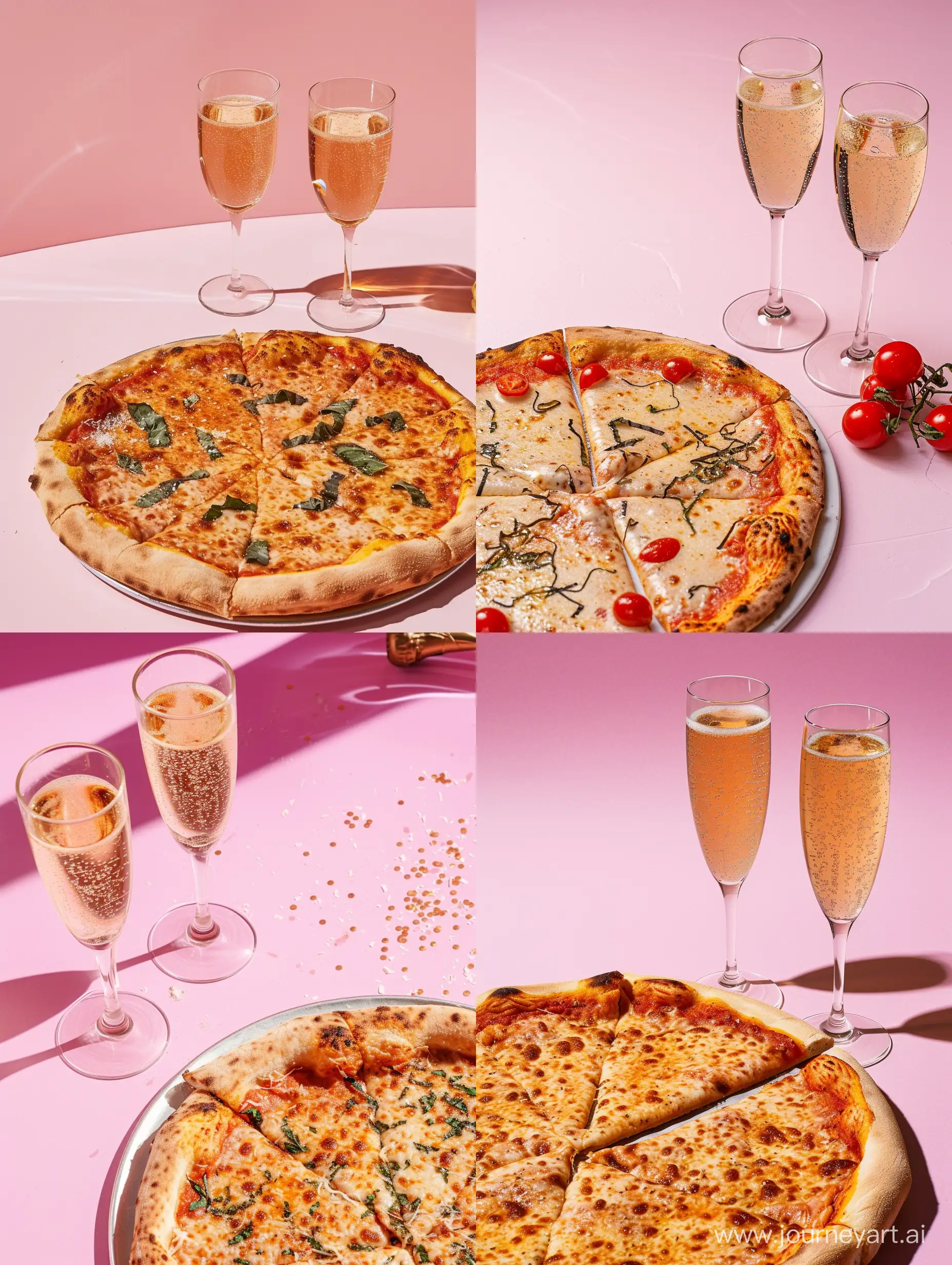 римская пицца и два бокала шампанского на розовом фоне 