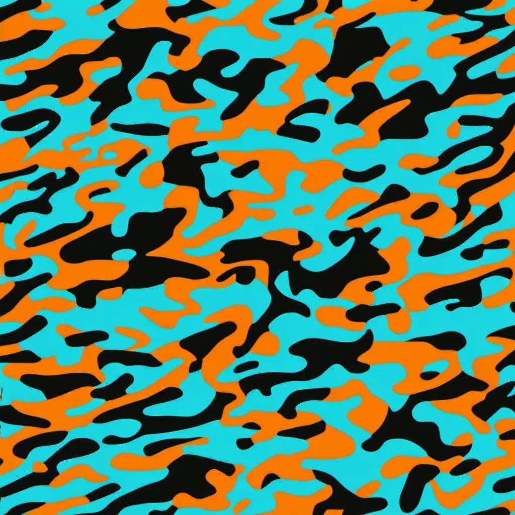 a camouflage pattern with colors cayan, orange and black
