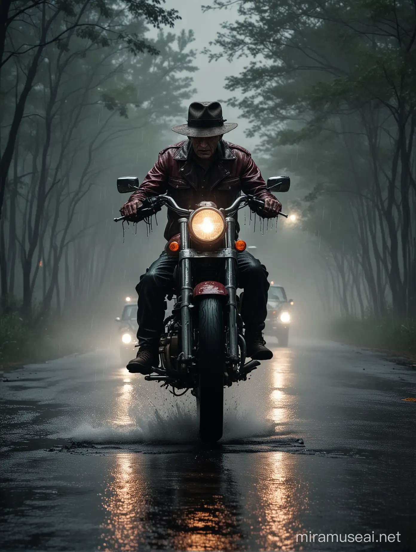 Wide shot front view Photography realistic cinematic colors natural color of full body freddy Kruger horror movie character on driving big classic motorcycle,on the way long road,drifting fast spray water roads in the darkness night forest and darkness strom hard rainy night sky,scene cinematography street photography nikon dslr
