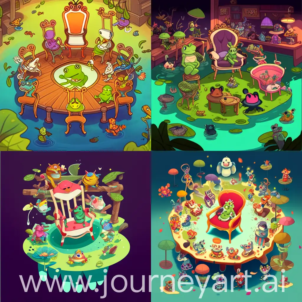 'In the style of a woodland animal fairy tale ((hexagonal wooden pop bar, black-spotted pond frog and severalgreen frogs))(focus) Several frogs sitting on chairs and drinking, charming and friendly characters on a vibrant and colorful background, capturing the imagination of young readers.
