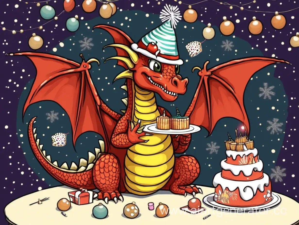 Молоденький дракон в шапке поздравляет с новым годом и ест торт.