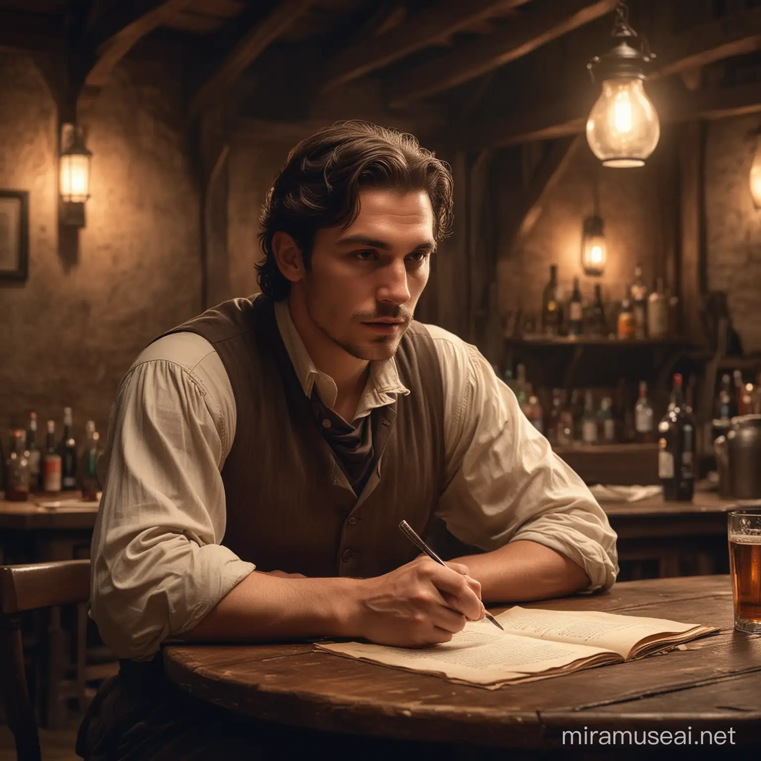 Draw a plain, ordinary man at a table in a dimly lit fantasy tavern.  He is preparing to go onstage to read poems he has written and is very nervous.  The barmaid near him is giving him a drink to help his courage.