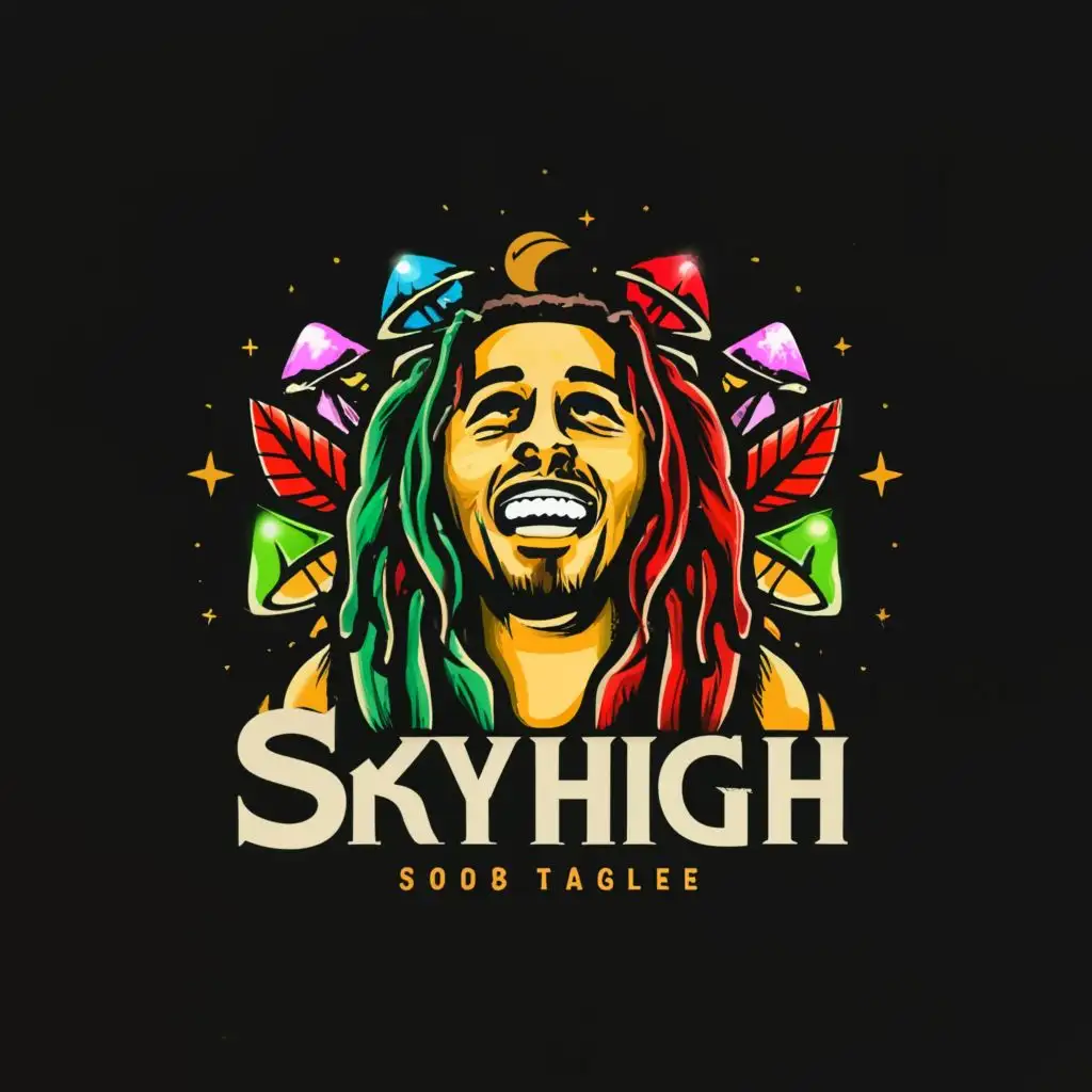 a logo design,with the text "SkyHigh", main symbol:Bob Marley, Cannabis, Magic mushrooms,be used in Retail industry,clear background