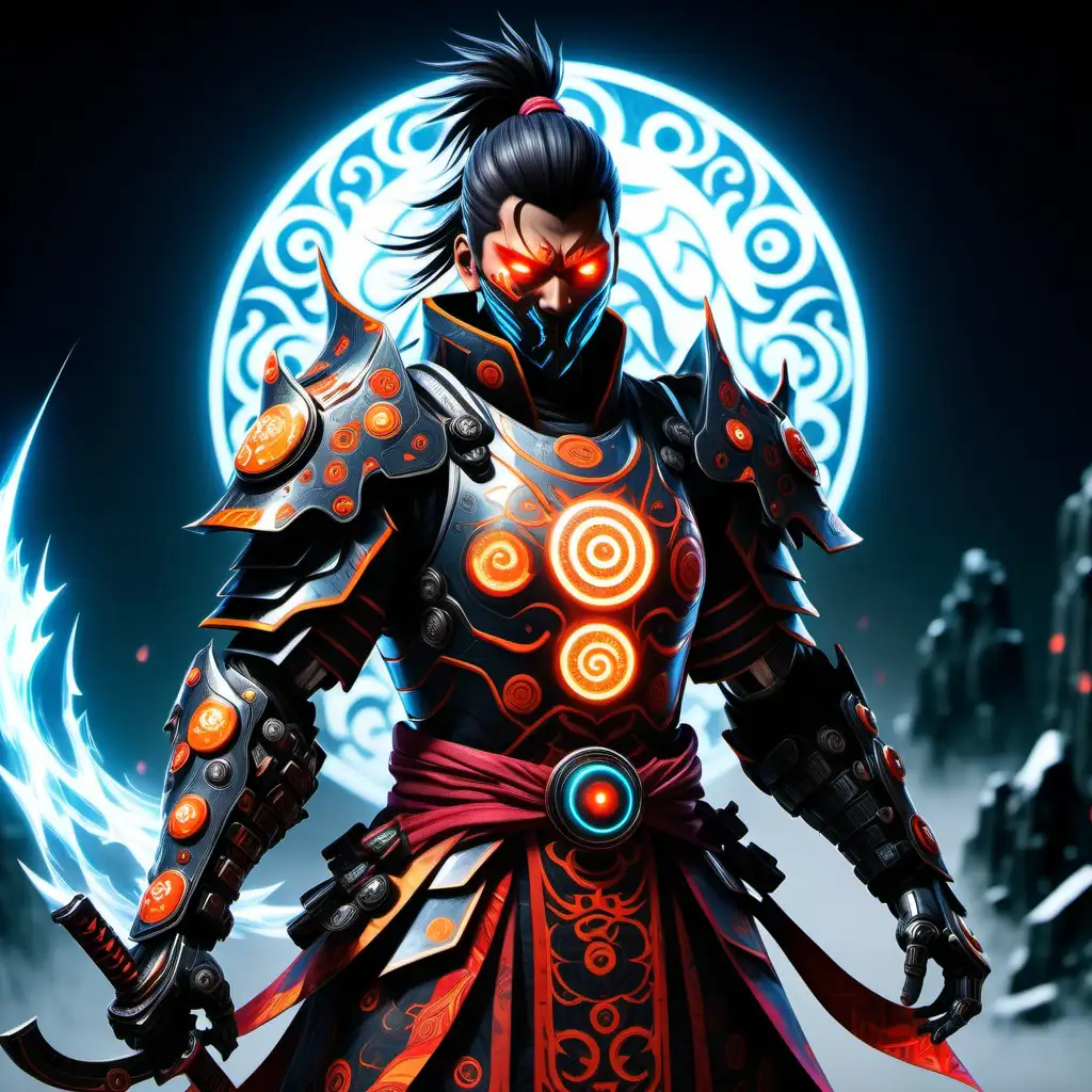 high definition simulation of a video game world boss character creation screen with cyberpunk Samurai ninja, With anime style hair and ying yang eyeballs With glowing lightning fists wearing a beautiful frozen kimono with red black and orange sacred geometry and armored shoulder guards
Giant mechanical knight with cape and shining armor